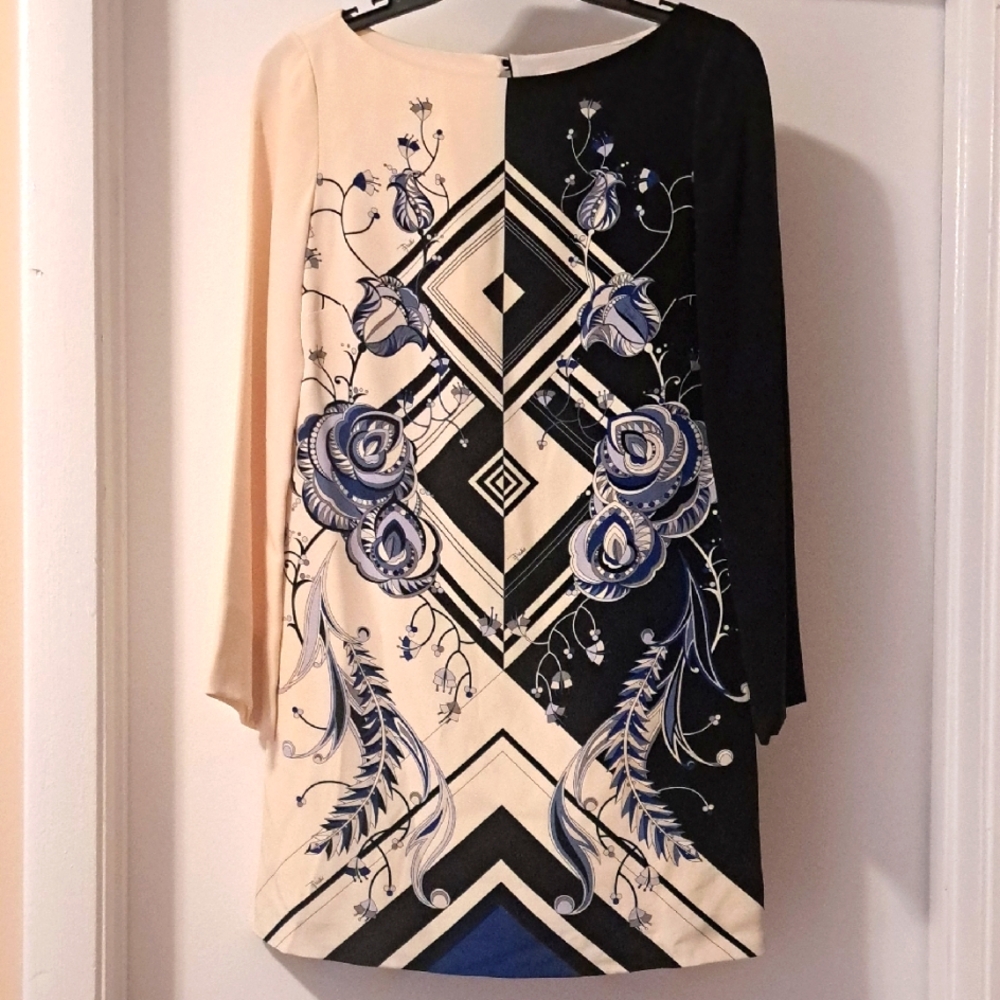 Emilio Pucci Geometric Floral Silk Short Sheath Dress Long Sleeve Gorgeous Sz4